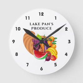 Reloj Redondo Mediano Frutas Verduras Produce Tienda Logotipo Cornucopia