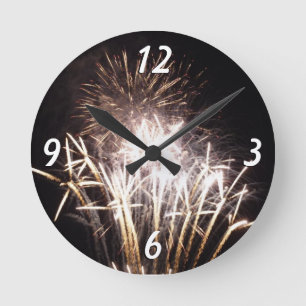 Reloj Redondo Mediano Fuegos artificiales blancos y dorados I Celebració