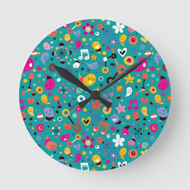 Reloj Redondo Mediano fun cartoon pattern teal (Anverso)