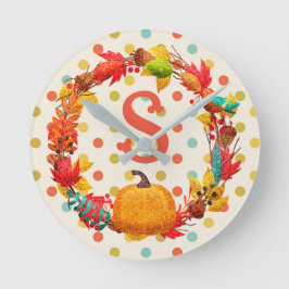 Reloj Redondo Mediano Fun fall calabaza wreath polka dot verde azulado n