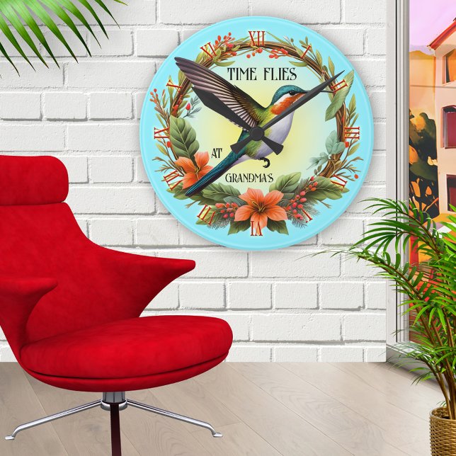 Reloj Redondo Mediano Fun Hummingbird Abuela (Artistic wall clock featuring a painting of a hummingbird on a floral wreath - grandma - grandmother)