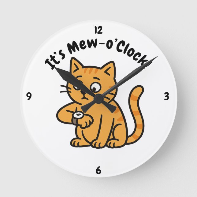 Reloj Redondo Mediano Funny Cat Wall Clock – "It’s Mew-o’Clock!" Design (Anverso)
