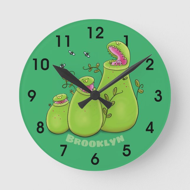 Reloj Redondo Mediano Funny green carnivorous pitcher plants cartoon rou (Anverso)