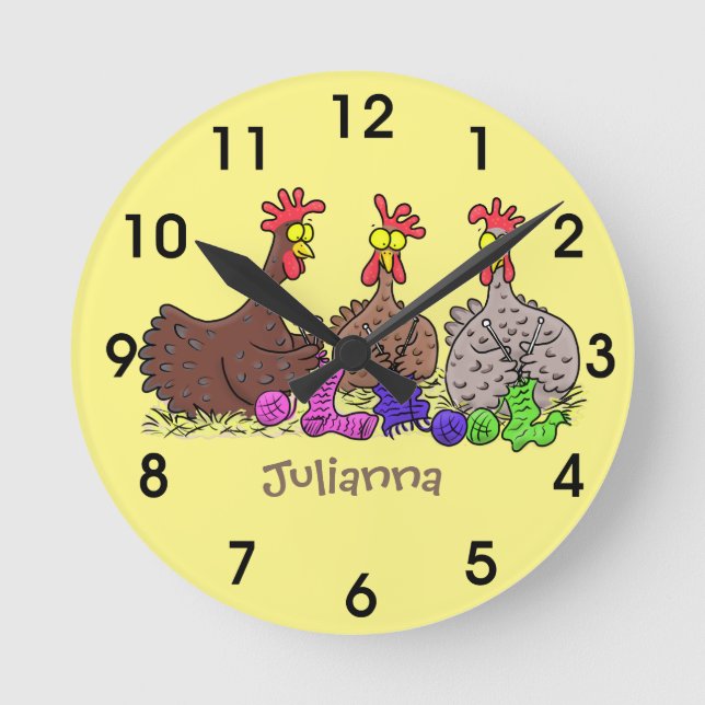 Reloj Redondo Mediano Funny knitting chickens cartoon illustration (Anverso)