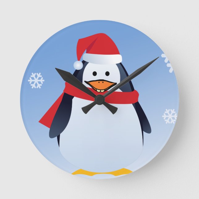 Reloj Redondo Mediano Funny Pingüino Navidades Santa Claus Snowflakes (Anverso)