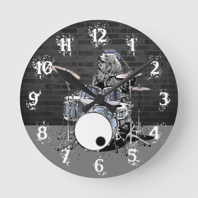 Reloj Redondo Mediano Funny Punk Rock Drummer Bear Jugando Bidones Rocke (Anverso)