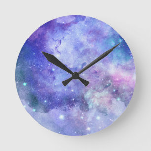 Reloj Redondo Mediano Galaxia Amante del Cielo Estrellado Acuarela Púrpu