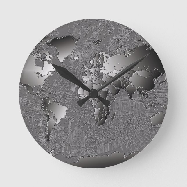 Reloj Redondo Mediano galaxia de mapa mundial en blanco y negro 5 (Anverso)