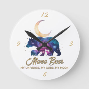 Reloj Redondo Mediano Galaxia Osa Mamá y Cachorros Silueta de Luna