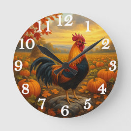 Reloj Redondo Mediano Gallo colorido en la cosecha de otoño