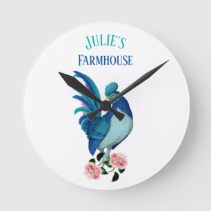 Reloj Redondo Mediano Gallo de granja campestre francés azul teal rosa
