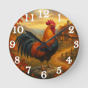 Reloj Redondo Mediano Gallo vibrante en corral rústico
