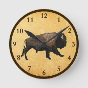 Reloj Redondo Mediano Galloping Bison On Old Paper Round Clock