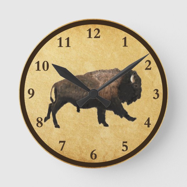 Reloj Redondo Mediano Galloping Bison On Old Paper Round Clock (Anverso)