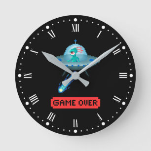 Reloj Redondo Mediano 'Game Over' Alien Volando Ovni Nave Espacial, Arte