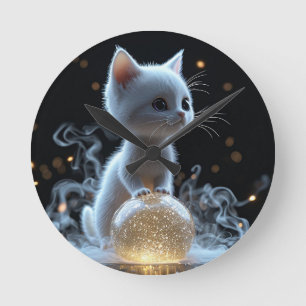 Reloj Redondo Mediano Gatito blanco adorable con brillo místico