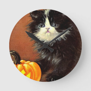 Reloj Redondo Mediano Gatito de Halloween blanco y negro vintage