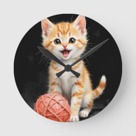 Reloj Redondo Mediano Gatito Juguetón con Estampa de Acuarela de Hilo