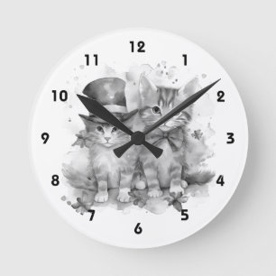Reloj Redondo Mediano Gatitos blancos y negros con corbata de arco y lin