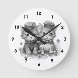 Reloj Redondo Mediano Gatitos blancos y negros con corbata de lazo y som