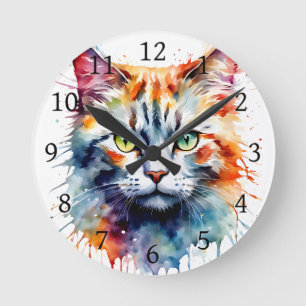 Reloj Redondo Mediano Gato acuarela salpicadura de arte multicolor