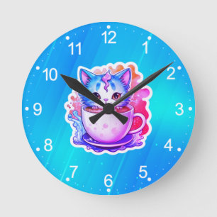 Reloj Redondo Mediano Gato Adorable Con Taza De Café Diseño De Dibujos A