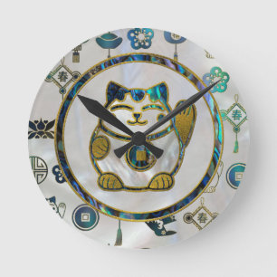 Reloj Redondo Mediano Gato afortunado de Maneki Neko en la perla y el