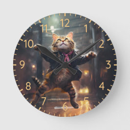 Reloj Redondo Mediano Gato Alegre Bailando En Lluvia