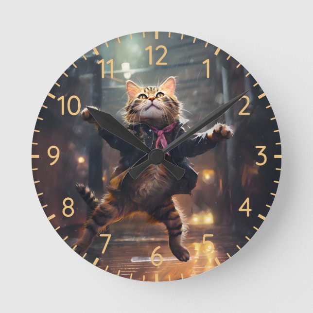 Reloj Redondo Mediano Gato Alegre Bailando En Lluvia (Anverso)
