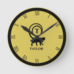 Reloj Redondo Mediano Gato Amante del Nombre Inicial del Monograma Oro N
