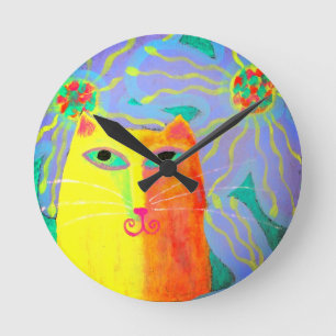 Reloj Redondo Mediano Gato amarillo con flores Resumen de arte