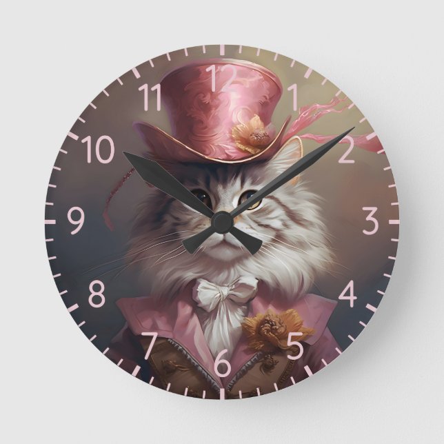 Reloj Redondo Mediano Gato Aristocrático En Rosa (Anverso)