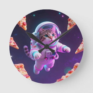 Reloj Redondo Mediano Gato Astronauta Adorable Flotando en una Aventura
