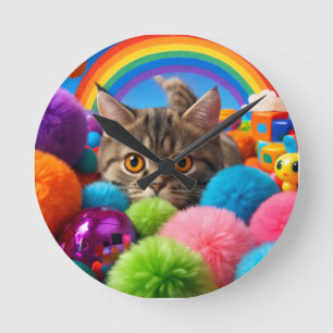 Reloj Redondo Mediano Gato atigrado adorable kit de diversión arcoíris