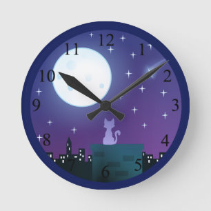 Reloj Redondo Mediano Gato bajo número del claro de luna