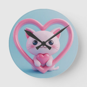 Reloj Redondo Mediano Gato Blanco Adorable con Corazón Diseño de Amor Ga