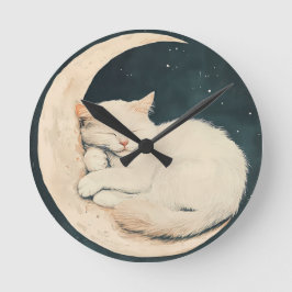Reloj Redondo Mediano Gato blanco durmiendo en luna creciente - Noche so