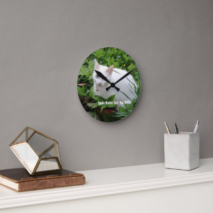 Reloj Redondo Mediano Gato blanco, nombre Personalizar y foto,