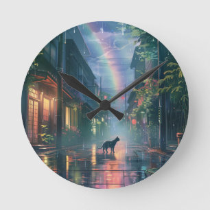 Reloj Redondo Mediano Gato caminando bajo la lluvia