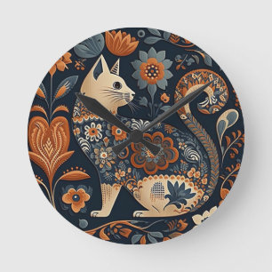 Reloj Redondo Mediano Gato de Arte Popular con Flores Naranjas y Grises