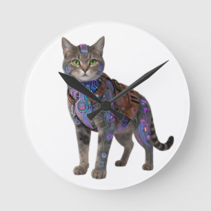 Reloj Redondo Mediano Gato de Circuito Cyberpunk - Bestia Tecnológica de
