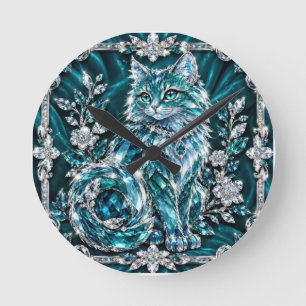Reloj Redondo Mediano Gato de cristal turquesa de lujo Marco de plata