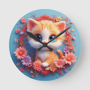 Reloj Redondo Mediano Gato de dibujos animados adorable rodeado de flore