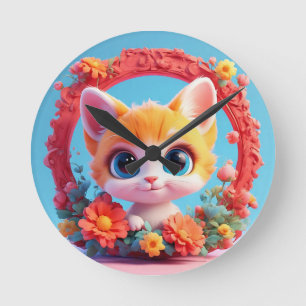 Reloj Redondo Mediano Gato de dibujos animados adorable rodeado de flore
