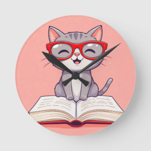 Reloj Redondo Mediano Gato de dibujos animados lindo que lleva gafas