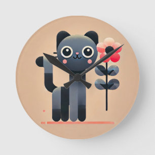 Reloj Redondo Mediano Gato de dibujos animados lindo sosteniendo una flo