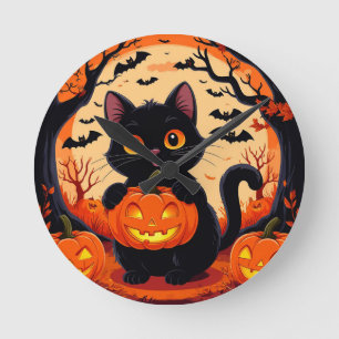 Reloj Redondo Mediano Gato de dibujos animados y calabazas bajo luna lle