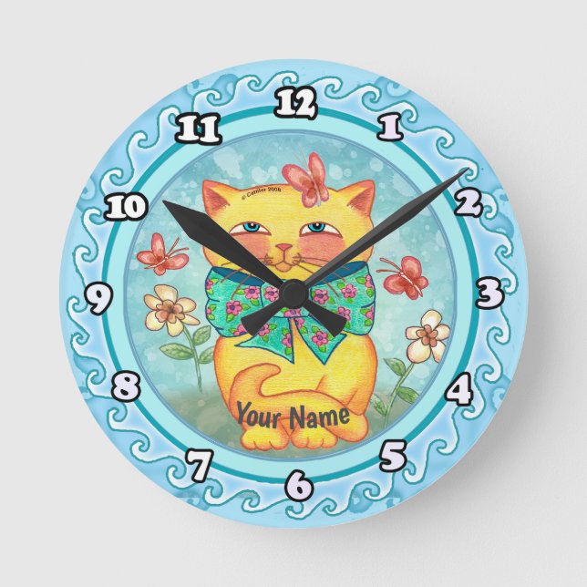Reloj Redondo Mediano Gato de Flores Amarillas (Anverso)