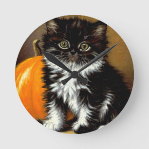 Reloj Redondo Mediano Gato de Halloween blanco y negro vintage