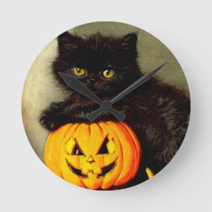 Reloj Redondo Mediano Gato de Halloween vintage y linterna de Jack-o